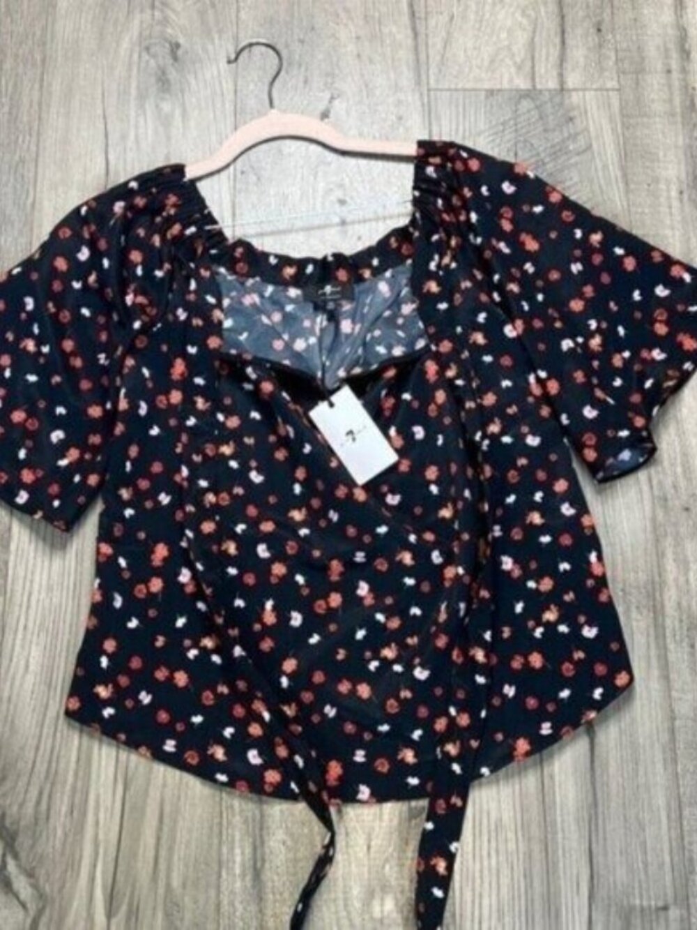 7 For All Mankind NWT Navy & Red Floral Print Off The Shoulder Blouse Size XS - Picture 3 of 11